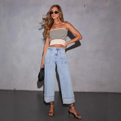 2025 Four Seasons New Stretch Jeans, Washed High-waisted Jeans, Fashionable, Casual, Trendy, Versatile Wide-leg Pants for Women
