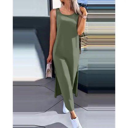 Summer Sleeveless Hollow Sexy Loose Dress Women Fashion Slit Solid Casual Dresses Women Round Neck Mid Length Slim Ladies Dress