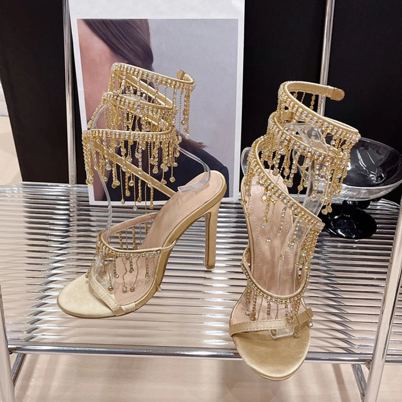 Liyke Elegant Women Wedding Banquet Shoes Fashion Crystal Tassel Twining Stiletto Sandals Sexy Open Toe Stripper Heels Golden