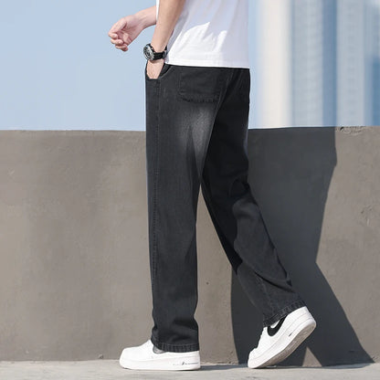 Spring & Summer Essential! Men's Tencel Jeans, Thin Ice - Silk Fabric, High - Street Loose Straight Cut, Drapey, Elastic Waist w