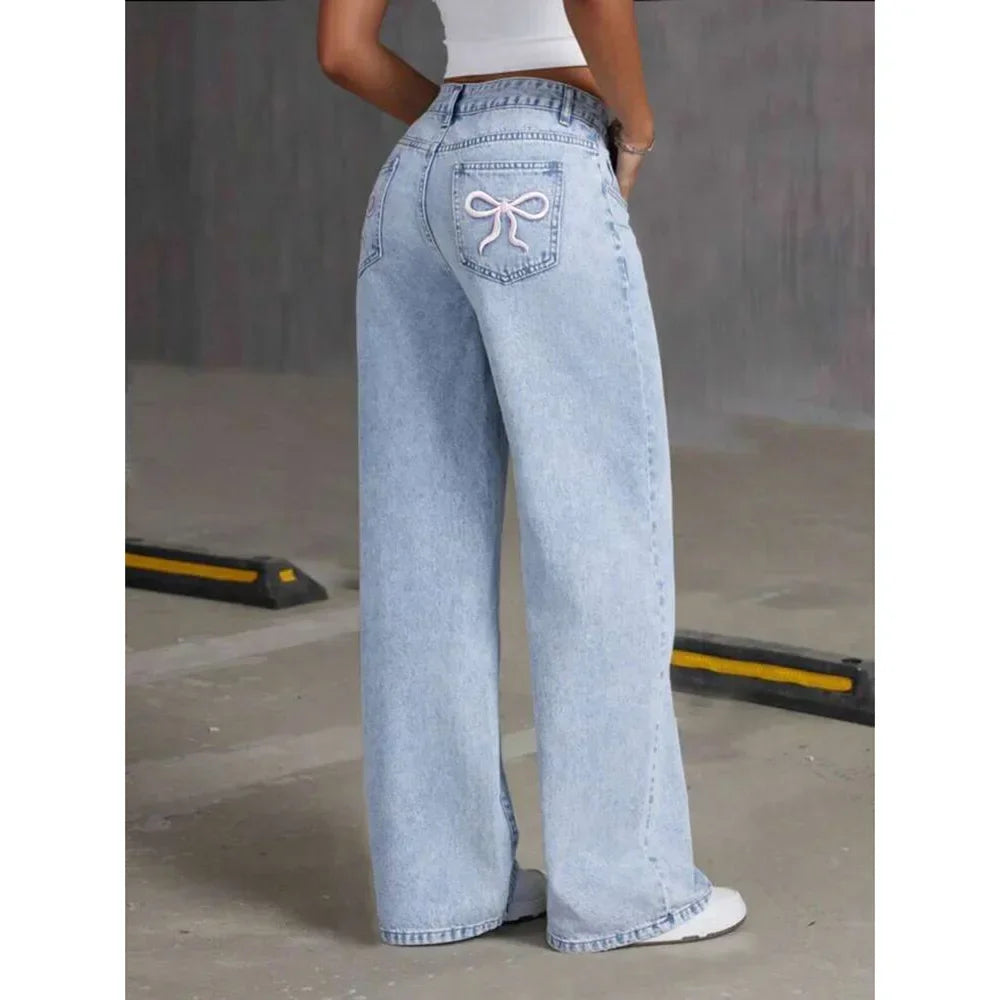 Denim Wide Leg Pants Women Jeans Embroidery High Waist Distressed Washed Pockets Vintage Floor Length Trousers 2025 Streetwear