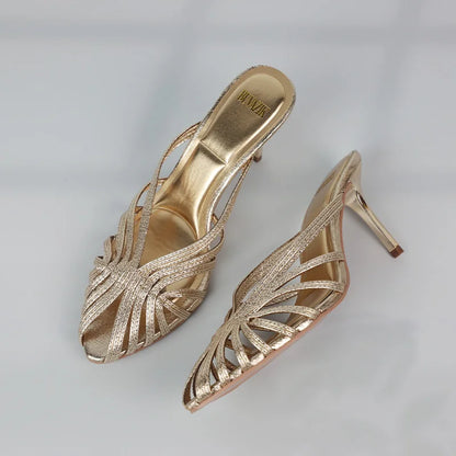 New Gold Hollow Thin Strip Heels for Women Luxury Pointed Toe Heeled Pumps Office Lady Mules Summer Stiletto Shoe Sandals 2025