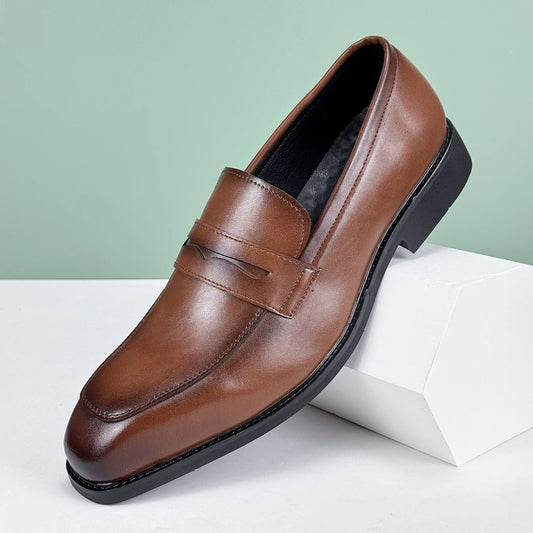 New Casual Leather Shoes Men's Business Formal Casual Loafers Non-Slip Wear-Resistant Men's Shoes Office British Style Youth Graduation Ceremony Lazy Slip-On Beanie Shoes Square Toe Large Size Brown Banquet Party Wedding