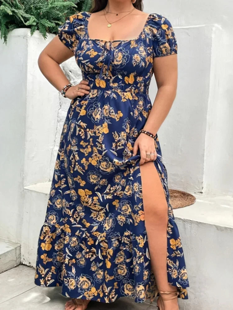 Plus Size Women 1XL-5XL  Suitable for Outdoor Flower Casual Long Party Dress Women Fashion Print Loose Summer Dress