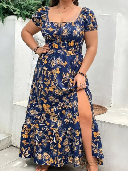 Plus Size Women 1XL-5XL  Suitable for Outdoor Flower Casual Long Party Dress Women Fashion Print Loose Summer Dress