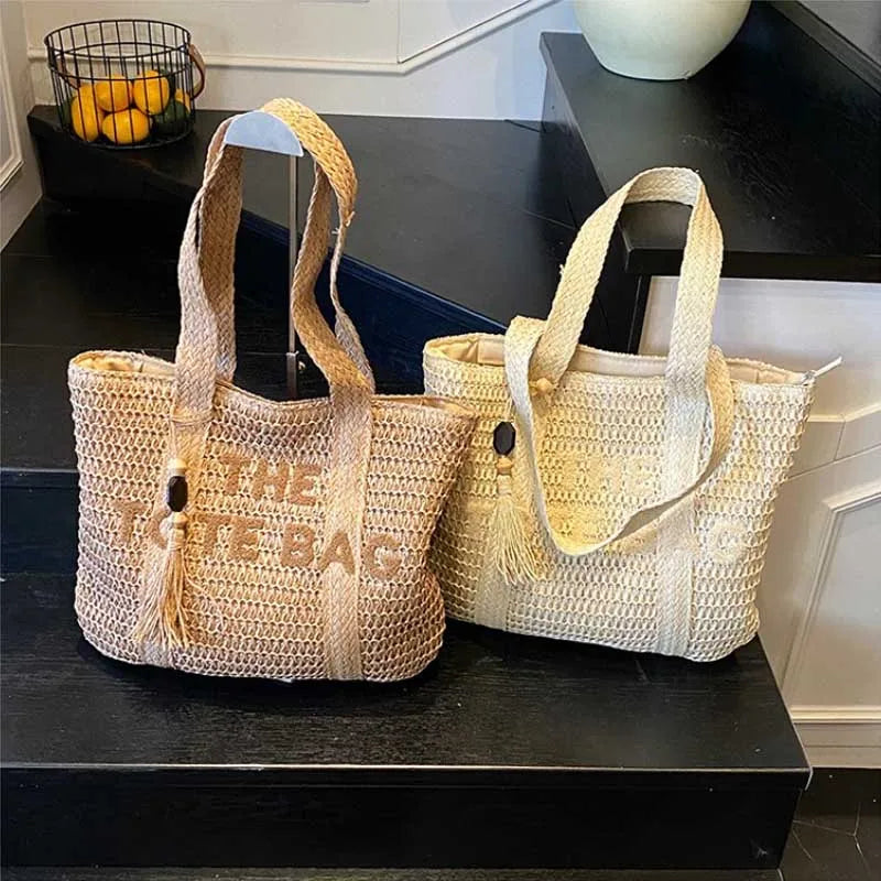 French Style Large Capacity Woven Straw Woven Bag for Women New Beach Vacation Shoulder Bag Casual Commuting Tote Bag Purse