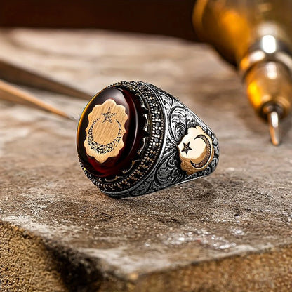 Retro Turkish Handmade Men Rings Vintage Carved Star Moon Pattern Red Zircon Rings Rock Punk Islamic Muslim Wedding Jewelry