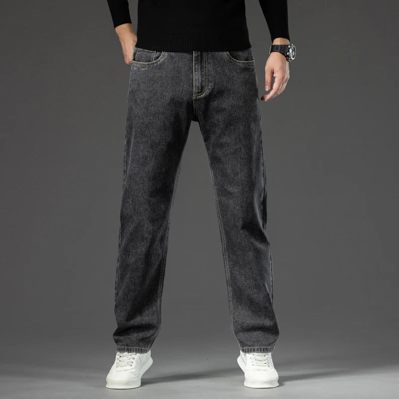 Autumn Men's Dark Blue Straight-leg Brand Jeans Classic Style Business Casual Cotton Stretch Denim Pants Male Plus Size 40 42 44