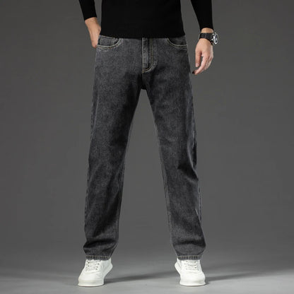 Autumn Men's Dark Blue Straight-leg Brand Jeans Classic Style Business Casual Cotton Stretch Denim Pants Male Plus Size 40 42 44