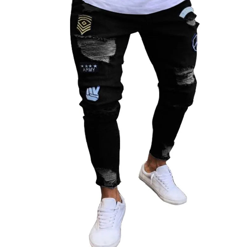 Mens Stretchy Ripped Skinny Embroidered Jeans Men's White Pants Destroyed Hole Slim Fit Denim High Quality Hip Hop Men trousers