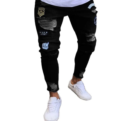 Mens Stretchy Ripped Skinny Embroidered Jeans Men's White Pants Destroyed Hole Slim Fit Denim High Quality Hip Hop Men trousers