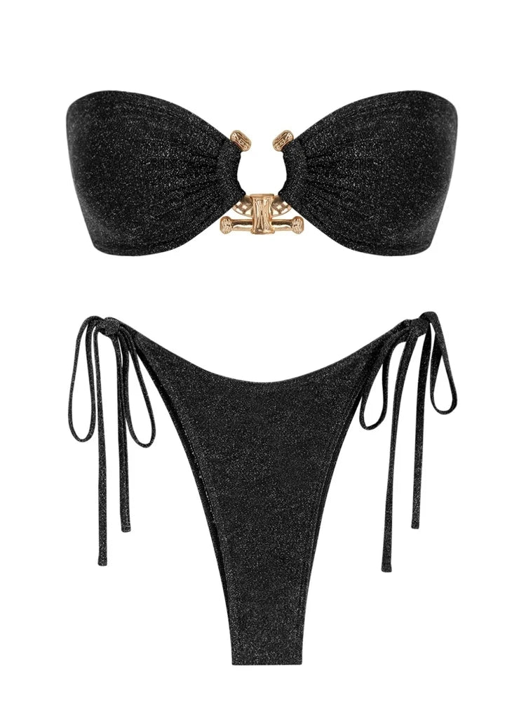 Solid O Ring  New Swimsuit For Women Tie Side Shiny Metal Hardware Ring Bandeau Bikini Swimwear Padded Bra Top Low Waisted