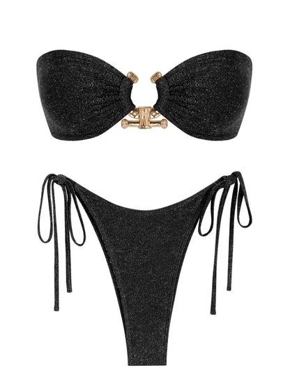 Solid O Ring  New Swimsuit For Women Tie Side Shiny Metal Hardware Ring Bandeau Bikini Swimwear Padded Bra Top Low Waisted