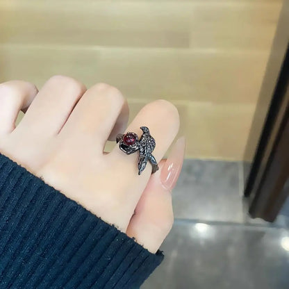 Black Raven Ring Gothic Horror Handmade Artisan Rings Promise Red Cubic Zirconia Adjustable Rings Jewelry Gift for Women Men