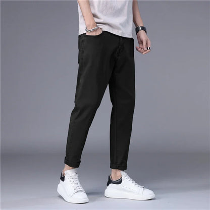 Summer Thin Men's Jeans Korean Style Blue Black Solid Color Stretch Straight Stylish Slim Fit Foot Denim Cropped Pants Male