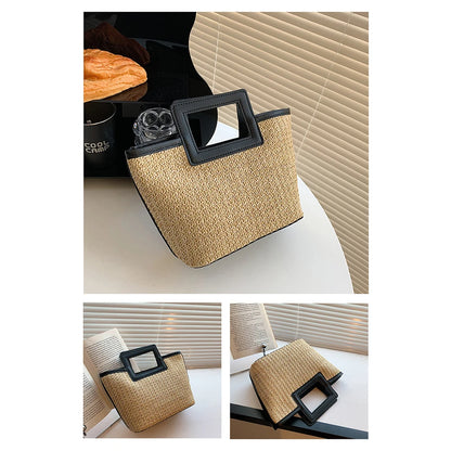 Women Straw Tote Handbag PU Leather Casual Travel Handbag Large Capacity Versatile Weaving Bag Summer Beach Handbag