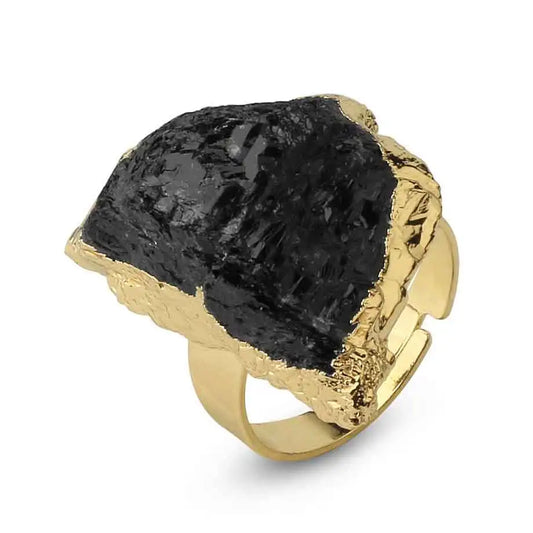 Irregular Black Tourmaline Ring for Men Gold Color Genuine Natural Raw Crystal Stone Reiki Energy Jewelry Gift Adjustable x239