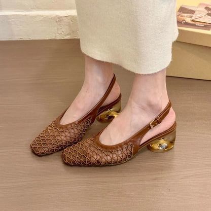 French Temperament Square Head Braided Bag Head Backspace Sandals Spring and Summer New Fashion Crystal Single Shoes Dark Brown