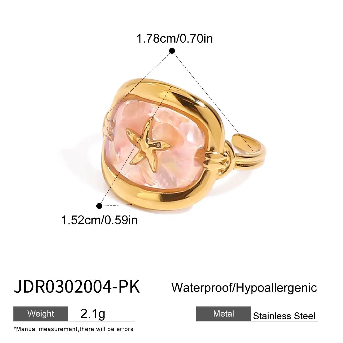 Zora Women's Boho Style Oil Drop Crushed Shell Ring 18K Gold-plated Stainless Steel Oval Starfish Open Ring waterproof Jewelry