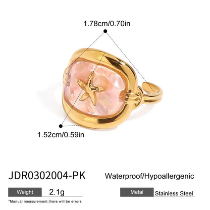 Zora Women's Boho Style Oil Drop Crushed Shell Ring 18K Gold-plated Stainless Steel Oval Starfish Open Ring waterproof Jewelry