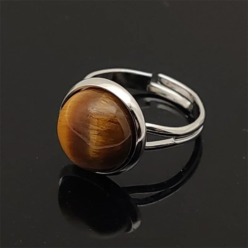 12mm Round Healing Natural Stone Ring Tiger Eye Opal Pink Crystal Adjustable Joint Ring for Women Jewelry