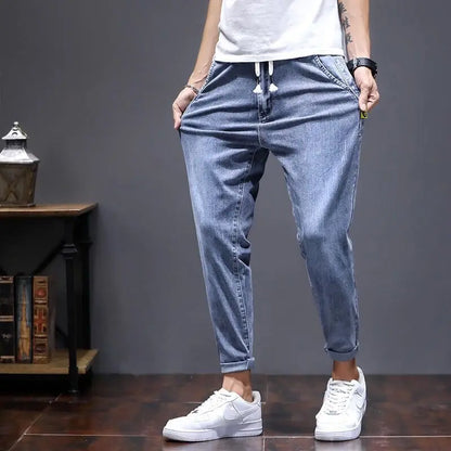 Elastic Lace Up Denim Jeans Men's Trend Versatile Pants 2022 Students Teenagers Men's Japanese Harem Leg  2022 Men's Cargo Pants