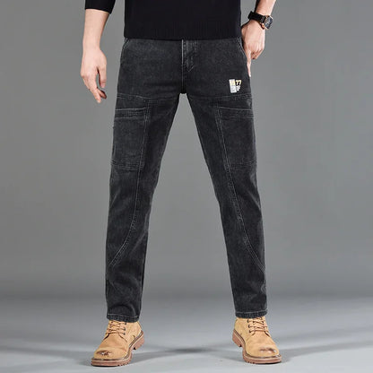 2025 New Style Jeans Men's Slim Fit Korean Style Comfortable Straight Leg Elastic Gray Mid Waist Pants Men's Casual Denim Pants