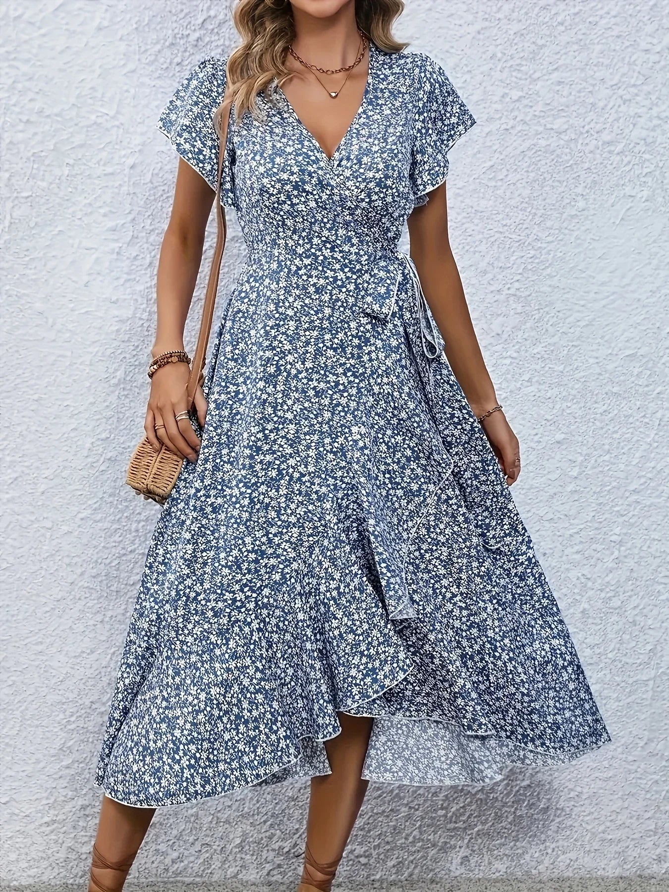 Plus Size 1XL-5XL Women's V-Neck Floral Print Dress Breathable Summer Casual Elegant Dress Sophisticated Style Long Beach Dress