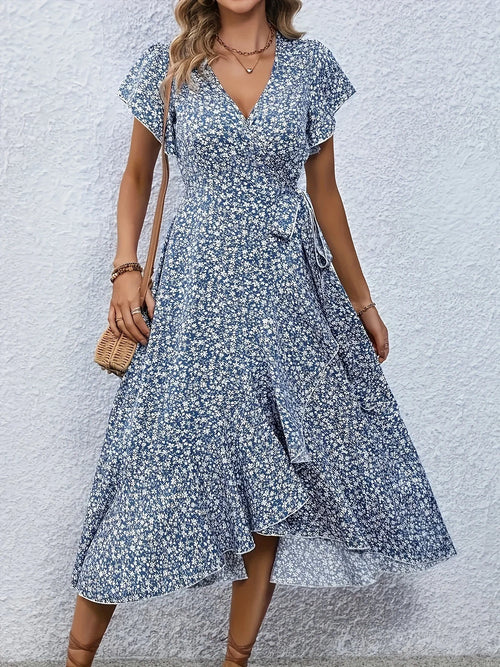 Plus Size 1XL-5XL Women's V-Neck Floral Print Dress Breathable Summer Casual Elegant Dress Sophisticated Style Long Beach Dress