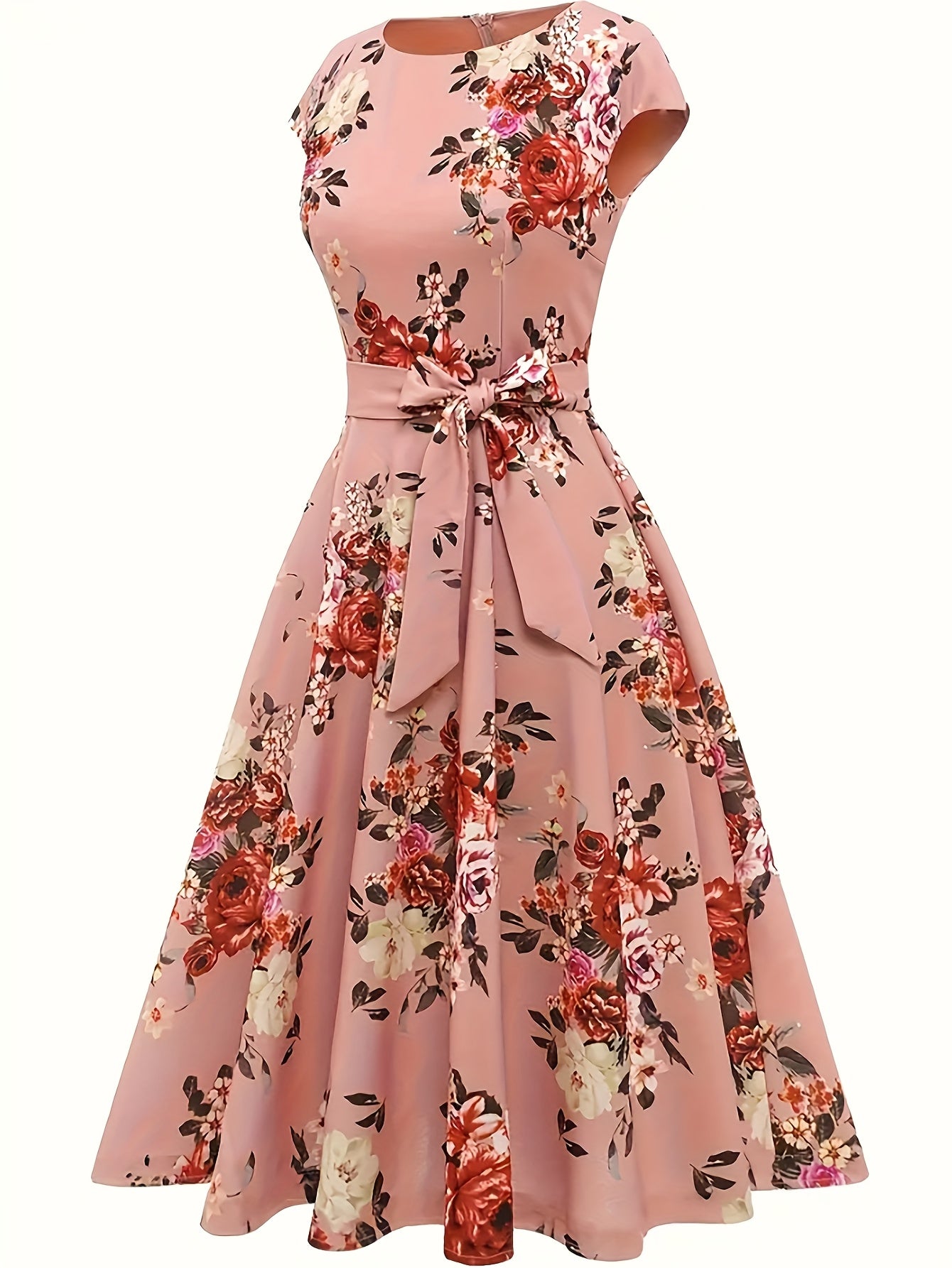 Elegant Floral Print Dress with Ribbon Waist - Sleeveless, Polyester, Round Neck, Zipper Closure, Perfect for Spring/Summer, Adult Women'S Fashion, Floral Dress | Floral Print Dress | Polyester Dress