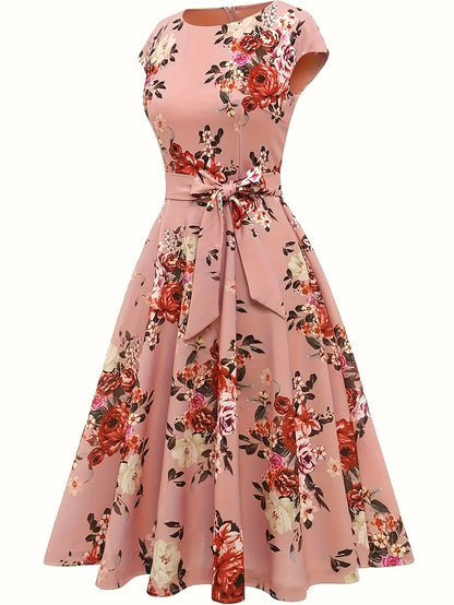Elegant Floral Print Dress with Ribbon Waist - Sleeveless, Polyester, Round Neck, Zipper Closure, Perfect for Spring/Summer, Adult Women'S Fashion, Floral Dress | Floral Print Dress | Polyester Dress