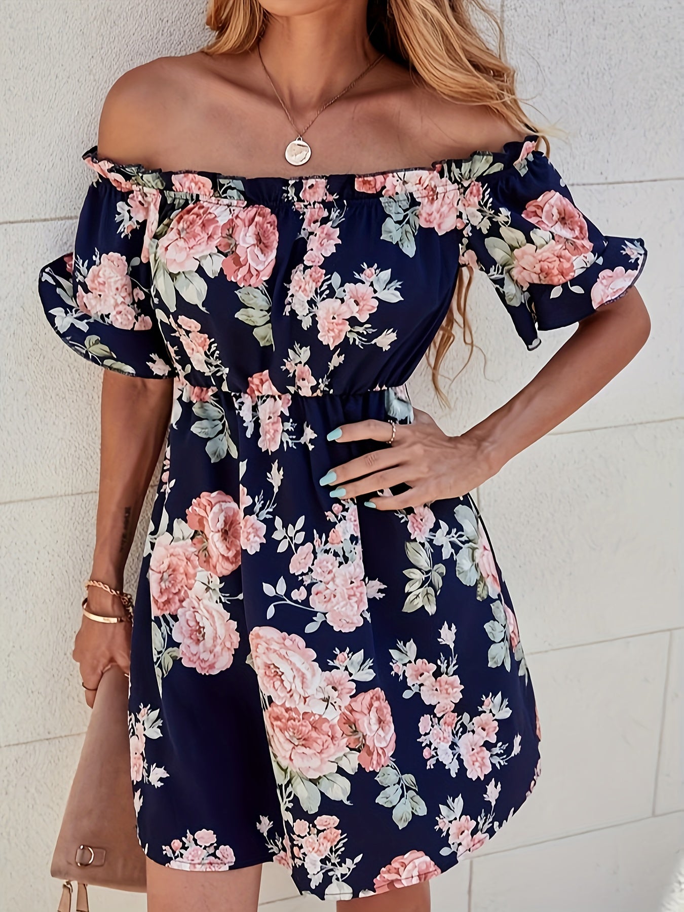 Elegant Off-Shoulder Floral Dress for Women - Short Sleeve, Mid-Length with Cinched Waist, Perfect for Spring/Summer
