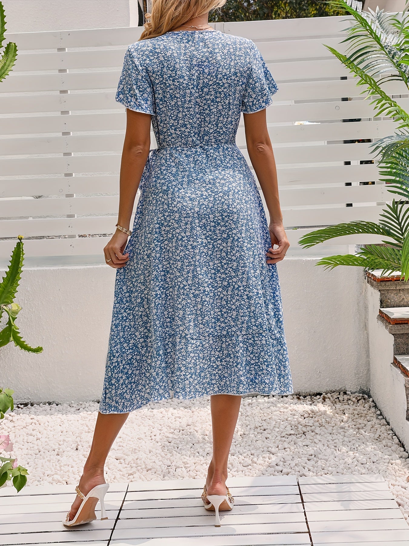 Women's Floral Print Short Sleeve Wrap Dress with Butterfly Sleeves and Side Tie Detail - V-Neck, Lightweight Polyester, Ideal for Spring/Summer/Fall, Floral Dress