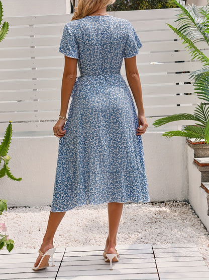 Women's Floral Print Short Sleeve Wrap Dress with Butterfly Sleeves and Side Tie Detail - V-Neck, Lightweight Polyester, Ideal for Spring/Summer/Fall, Floral Dress