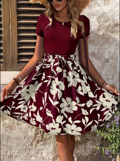 [Elegant Floral Dress] Elegant Floral Print Women's Dress | Fitted Top & Knee-Length Flared Skirt, Black/Beige Pattern, Machine Washable | Spring Summer Fall Casual to Semi-Formal Wear