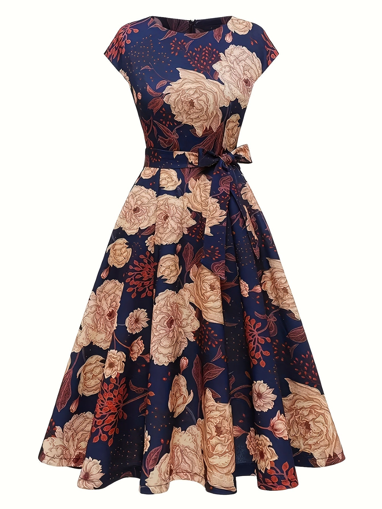 Elegant Floral Print Dress with Ribbon Waist - Sleeveless, Polyester, Round Neck, Zipper Closure, Perfect for Spring/Summer, Adult Women'S Fashion, Floral Dress | Floral Print Dress | Polyester Dress