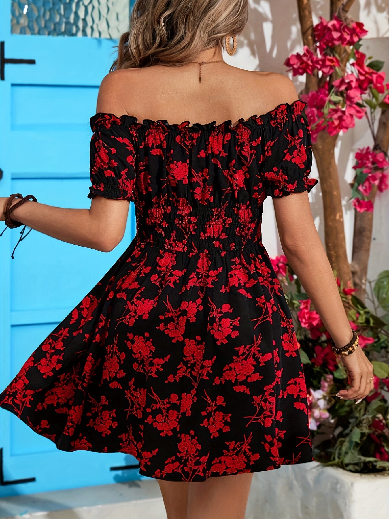 Elegant Off-Shoulder Floral Dress - Polyester, Machine Washable, Non-Stretch Fabric for All Seasons