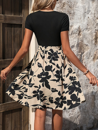 [Elegant Floral Dress] Elegant Floral Print Women's Dress | Fitted Top & Knee-Length Flared Skirt, Black/Beige Pattern, Machine Washable | Spring Summer Fall Casual to Semi-Formal Wear
