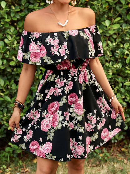 Chic Bloom, Elegant Off-Shoulder Floral Dress for Women - Ruffle Sleeves, A-Line, Perfect for Spring/Summer Vacations