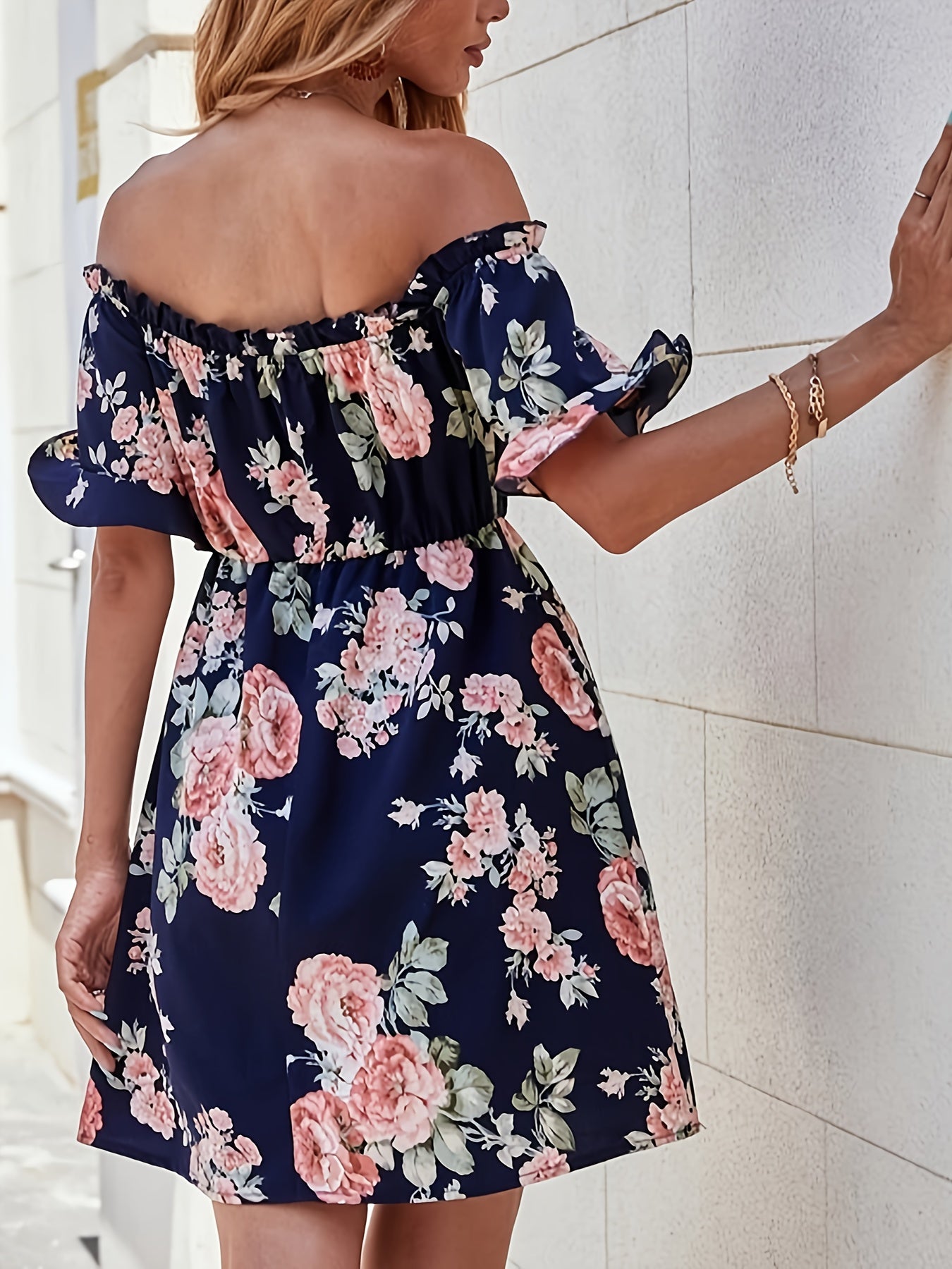 Elegant Off-Shoulder Floral Dress for Women - Short Sleeve, Mid-Length with Cinched Waist, Perfect for Spring/Summer