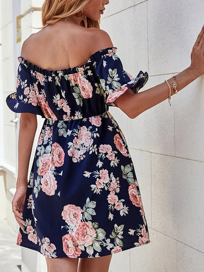 Elegant Off-Shoulder Floral Dress for Women - Short Sleeve, Mid-Length with Cinched Waist, Perfect for Spring/Summer