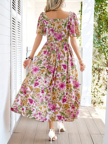 Elegant Floral Dress with Ruffle Sleeves for Women - Perfect for Spring and Summer
