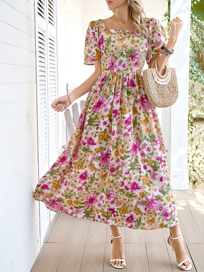 Elegant Floral Dress with Ruffle Sleeves for Women - Perfect for Spring and Summer
