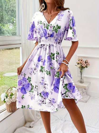 Plus Size Elegant Floral Dress with Ruched Waist - V-Neck, Short Sleeves, Light Yellow with Pink & Green Floral Print, Perfect for Summer, Casual to Semi-Formal Attire, Casual Attire|Floral Print Dress|Ruched Waistline, Plus