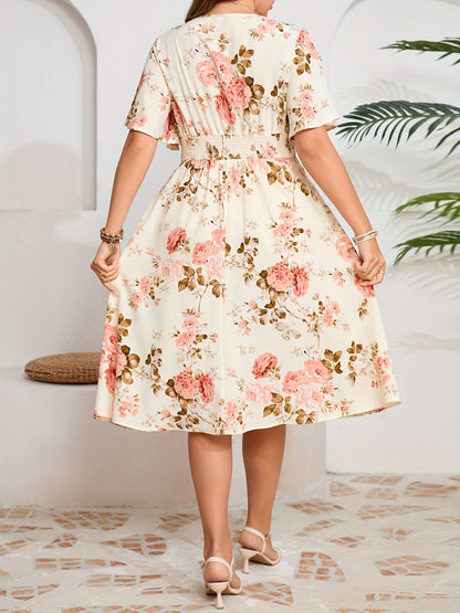 Plus Size Elegant Floral Dress with Ruched Waist - V-Neck, Short Sleeves, Light Yellow with Pink & Green Floral Print, Perfect for Summer, Casual to Semi-Formal Attire, Casual Attire|Floral Print Dress|Ruched Waistline, Plus