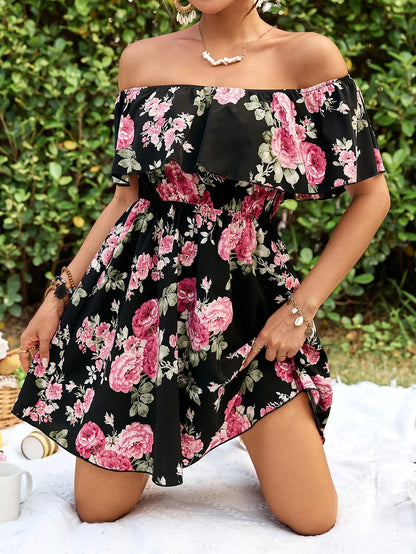 Chic Bloom, Elegant Off-Shoulder Floral Dress for Women - Ruffle Sleeves, A-Line, Perfect for Spring/Summer Vacations