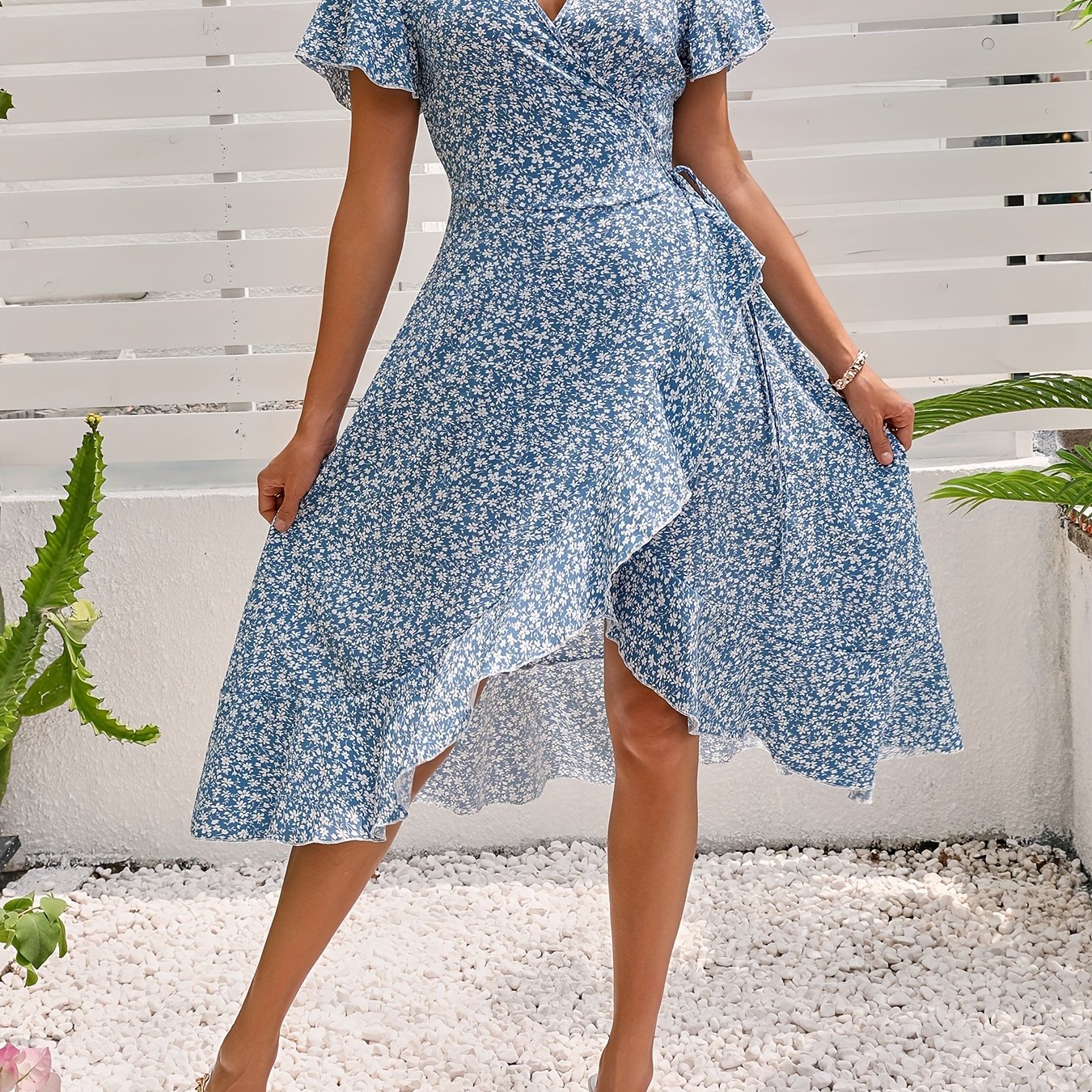 Women's Floral Print Short Sleeve Wrap Dress with Butterfly Sleeves and Side Tie Detail - V-Neck, Lightweight Polyester, Ideal for Spring/Summer/Fall, Floral Dress