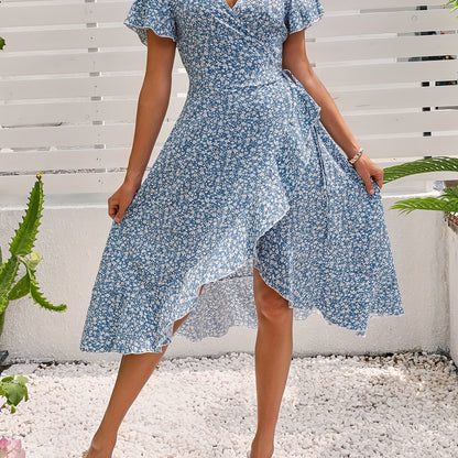 Women's Floral Print Short Sleeve Wrap Dress with Butterfly Sleeves and Side Tie Detail - V-Neck, Lightweight Polyester, Ideal for Spring/Summer/Fall, Floral Dress