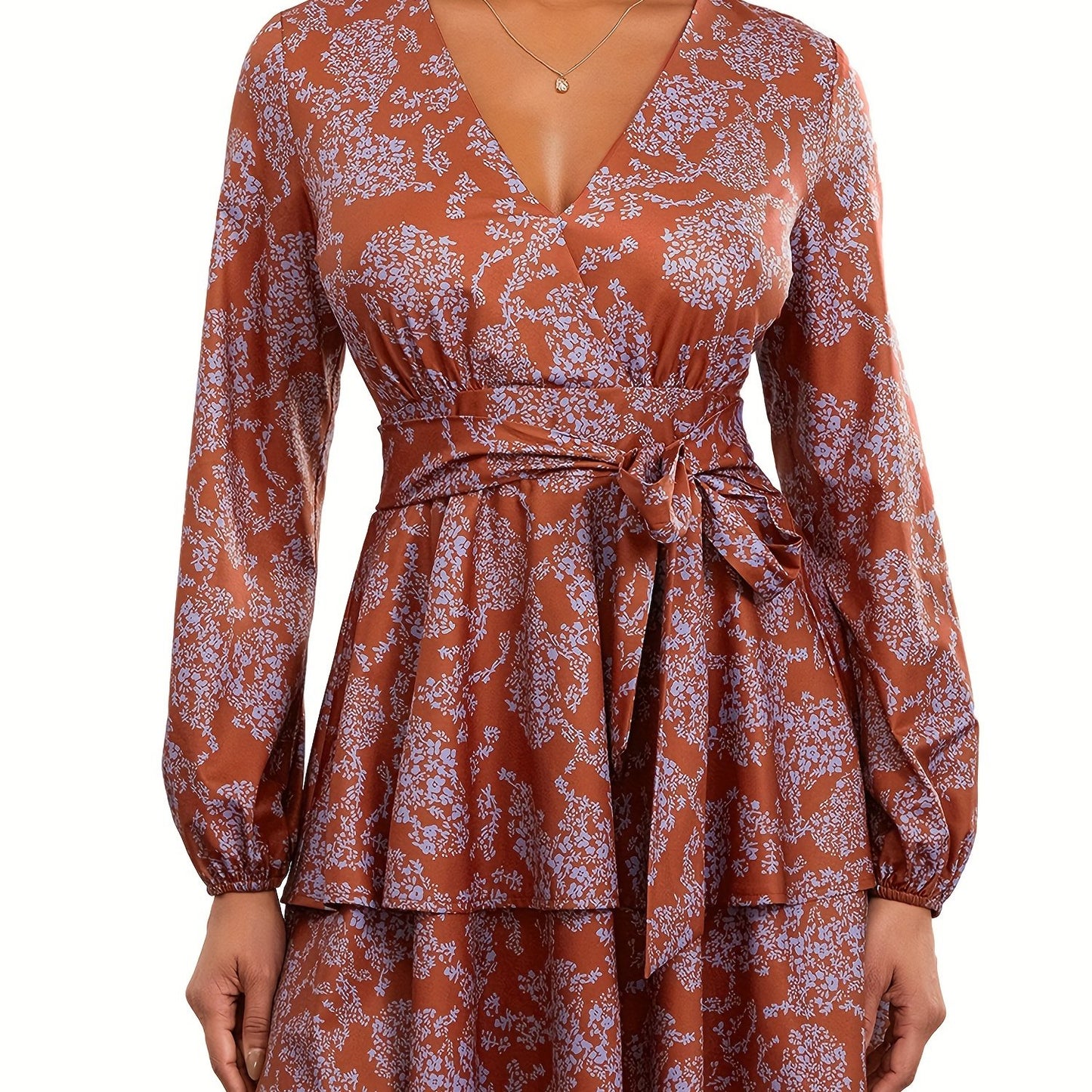 Elegant Floral V-Neck Dress for Women - Polyester, Machine Washable, Non-Sheer - Perfect for Spring/Summer/Fall, Floral, Dress, Elegant