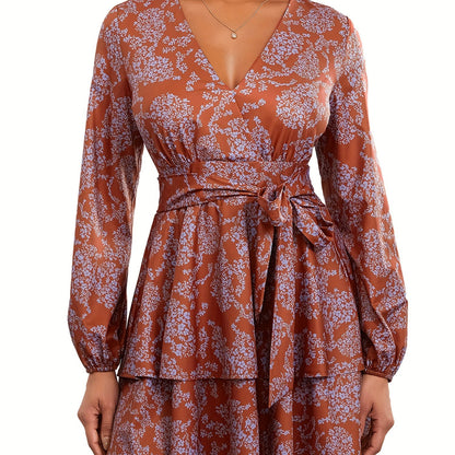 Elegant Floral V-Neck Dress for Women - Polyester, Machine Washable, Non-Sheer - Perfect for Spring/Summer/Fall, Floral, Dress, Elegant